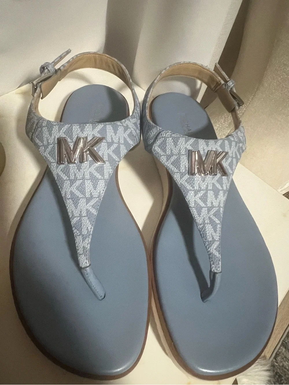 Michael Kors Light Blue Logo Thong Sandals with MK Hardware